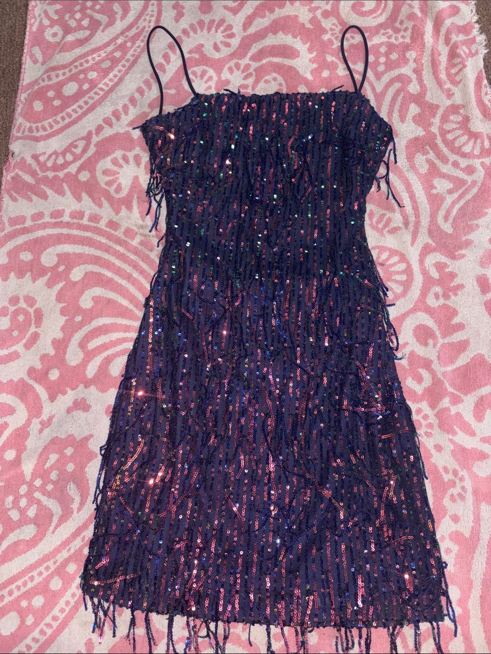 Navy Sequin Fringe Spaghetti Strap Dress